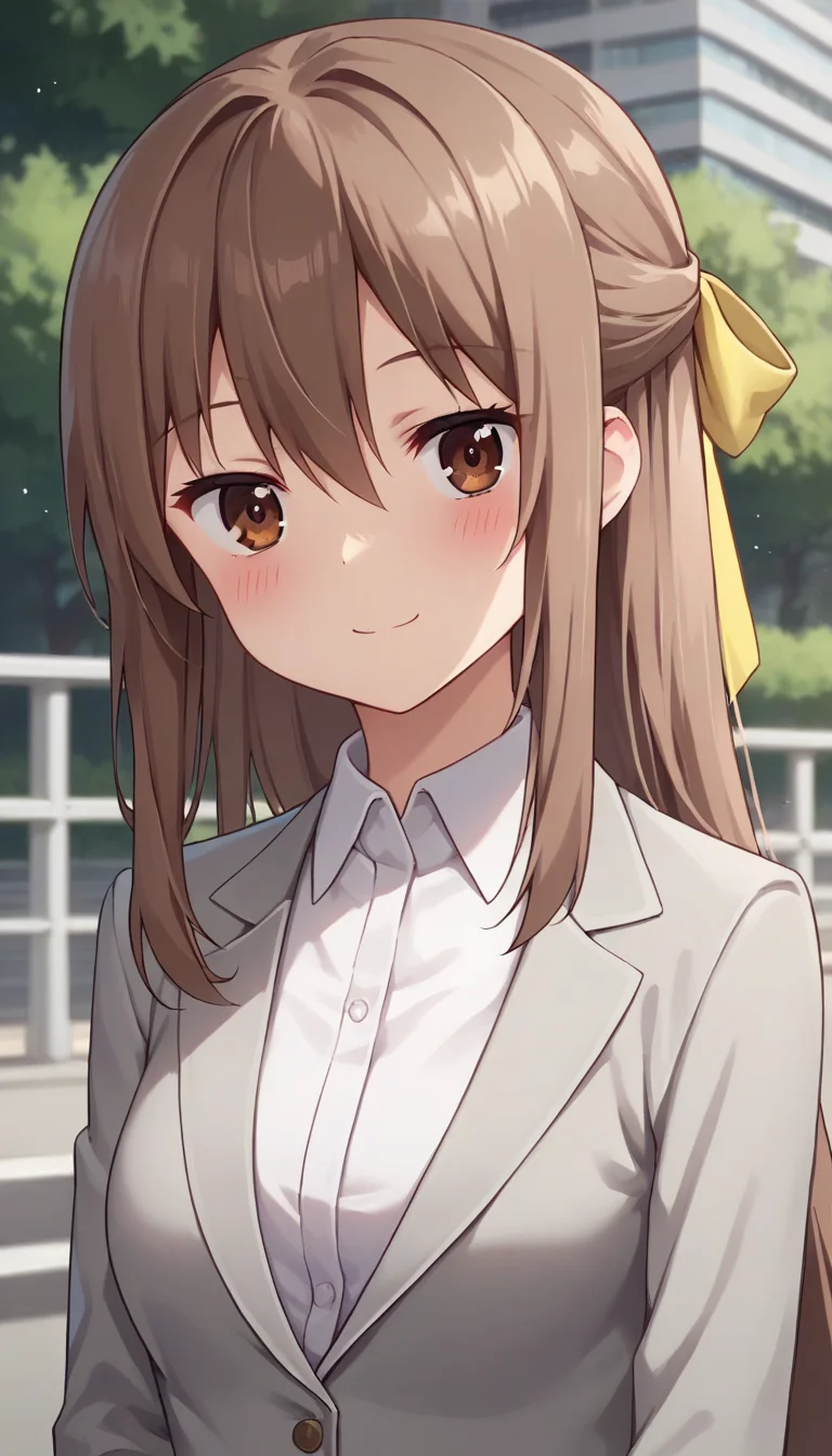 score_9,score_8_up,masterpiece,best quality,correct anatomy,anime_source,1girl,solo,perfect eyes,perfect arms,perfect legs,perfect face,outdoors,upper body,(portrait:1.5),looking at viewer,facing viewer,smile,blush,long hair,brown hair,half updo,hair ribbon,yellow ribbon,sidelocks,hair between eyes,bangs,brown eyes,suit,grey jacket,blazer,wing collar,white shirt,dress shirt,collared shirt,long sleeves,medium breasts,grey pants,high heels,white footwear,<lora:Kanau Kongo(huc)-Pony:1.4>,