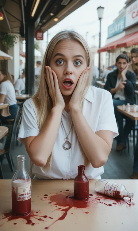 score_9, score_8_up, score_7_up, loasha
woman in a white shirt ,sitting at table. (spilled bottle of ketchup:1.5), in street cafe, locking ashamed with hands on face
, necklace, long blonde hair
<lora:LookingAshamedPony:1>