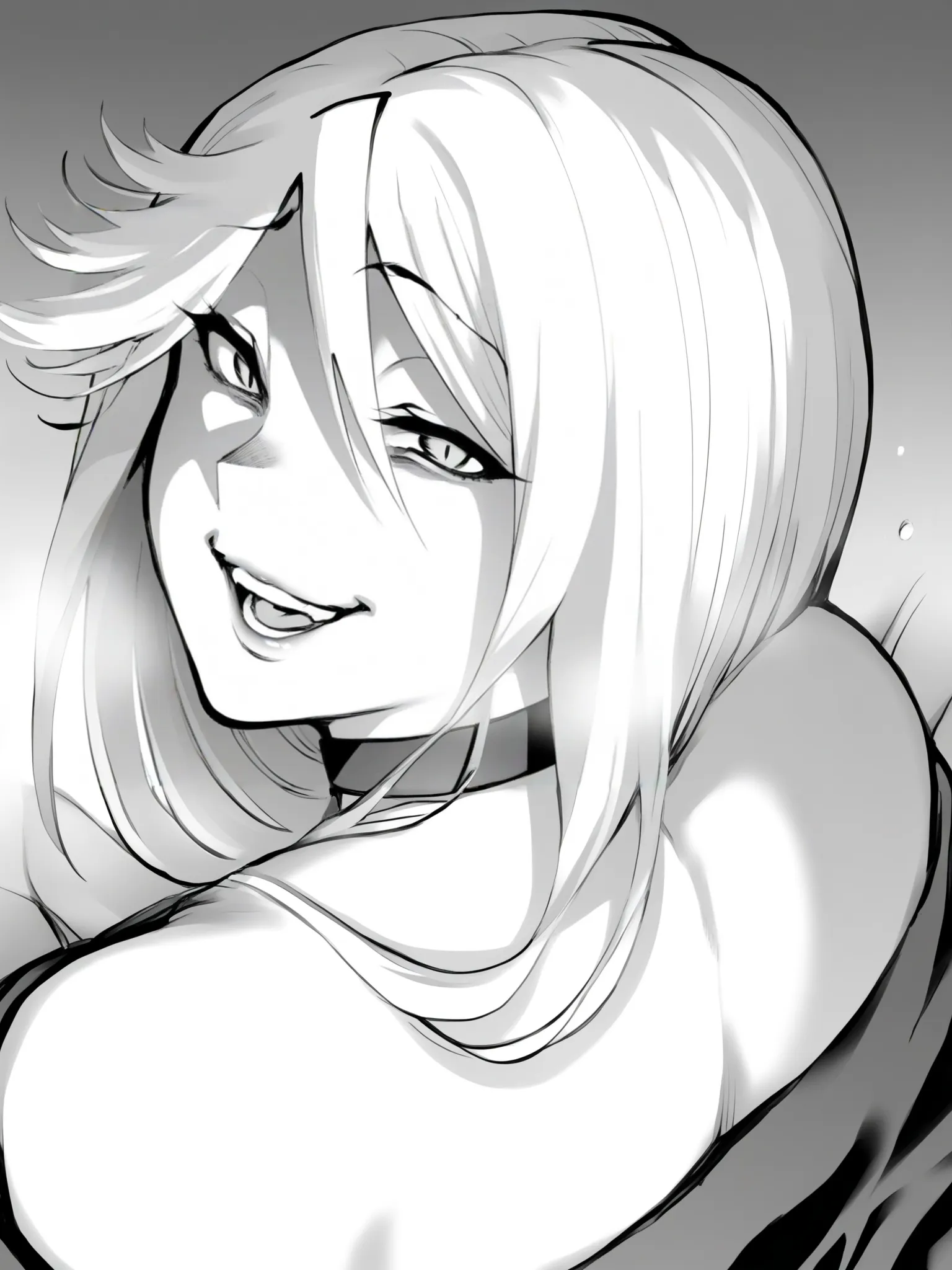 masterpiece, best quality,amazing quality, solo female, solo focus,
 <lora:パラダイスヘル_Manga_Character_Illustrious:1>,mangafemale1, monochrome, greyscale, hair between eyes, long hair, choker, swept bangs, evil smile, 1girl, looking back at viewer, male pov, vaginal sex, sex,