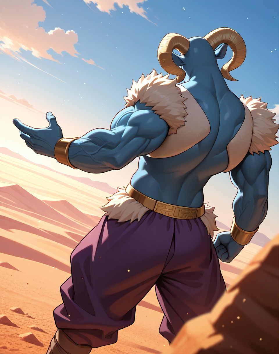 <lora:Moro_3rd_Form_(Dragonball_Z)_(Illustrious)_(AD):1.3> Moro, muscular, goat, 
((
dutch angle, exterior, desert, sky with detailed clouds, 
male focus, gradient coloring, solo, cowboy shot, bent leg, perfect proportions, hyper muscular, veiny muscles, goat head, blue body, sexy, large shoulders, large biceps, large thighs, 
)), 
BREAK very awe, aesthetically pleasing, masterpiece, best quality, amazing quality, very aesthetic, perfect depth of field shot, in'ei, furry_art, source_furry, source_anime, 
EZRealPONYXL, zPDXL, Smooth Quality, lazympos, IllustQualXL_Pos,