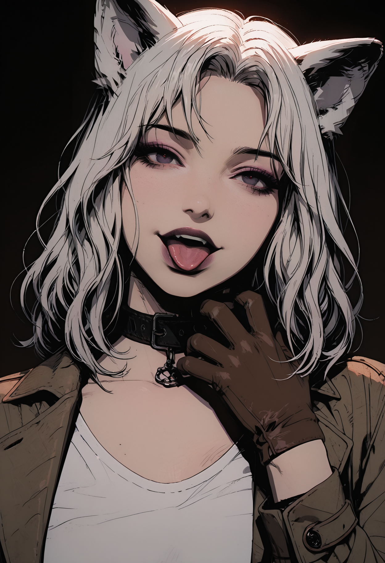 adult,
1woman,
masterpiece, newest,absurdres,incredibly absurdres, best quality, amazing quality, very aesthetic,
masterpiece, best quality, amazing quality, very aesthetic, newest, natural symmetry, exquisitely detailed face, anatomically perfect hands, lifelike skin texture, sharp focus, expressive , beautifully proportioned features, flawless, intricately rendered, cinematic lighting, vibrant and realistic, stunning facial detail, high-definition, artfully precise, (portrait:1.4), (beautiful 30yo lady, beautiful face, pure face, medium white hair, wavy hairstyle, dark eyes, dog ears, glamour makeup, happy expression, show tongue, head tilt, medium natural breasts, brown  coat, white t-shirt, dog collar, brown tiny gloves, hand scratching the neck, athletic figure, dark background),
((view from front)), ((front)), focus on the eyes, seductive pose, dynamic angle, concept art, dark theme,
 <lora:GTHAN2:0.8> <lora:DRKWB:0.3> DRKWB <lora:Sinozick_style:0.4> Sinozick_illu,gradient,spot color