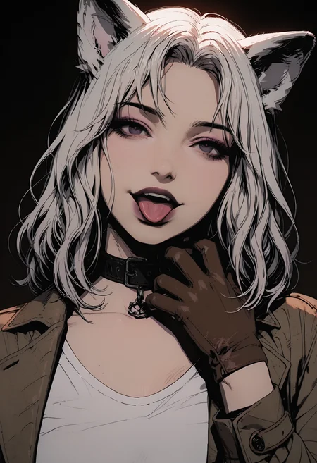 adult,
1woman,
masterpiece, newest,absurdres,incredibly absurdres, best quality, amazing quality, very aesthetic,
masterpiece, best quality, amazing quality, very aesthetic, newest, natural symmetry, exquisitely detailed face, anatomically perfect hands, lifelike skin texture, sharp focus, expressive , beautifully proportioned features, flawless, intricately rendered, cinematic lighting, vibrant and realistic, stunning facial detail, high-definition, artfully precise, (portrait:1.4), (beautiful 30yo lady, beautiful face, pure face, medium white hair, wavy hairstyle, dark eyes, dog ears, glamour makeup, happy expression, show tongue, head tilt, medium natural breasts, brown  coat, white t-shirt, dog collar, brown tiny gloves, hand scratching the neck, athletic figure, dark background),
((view from front)), ((front)), focus on the eyes, seductive pose, dynamic angle, concept art, dark theme,
 <lora:GTHAN2:0.8> <lora:DRKWB:0.3> DRKWB <lora:Sinozick_style:0.4> Sinozick_illu,gradient,spot color