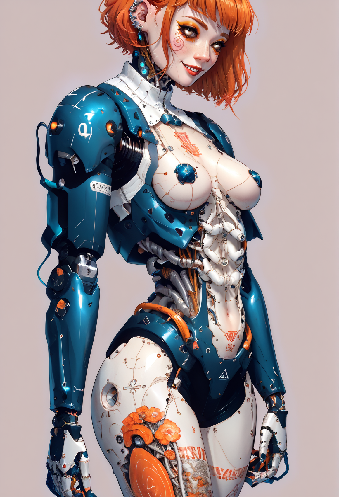score_9,score_8_up,score_7_up,score_6_up,score_5_up,score_4_up,1 girl,solo,female focus,looking at the spectator,(5'2" 100 lbs, 32A, petite build, medium breasts, drop-shaped breasts, symmetrical breasts, toned legs, flat stomach, multiple tattoos, bright smile, piercing brown eyes, Plait Orange hair color, porcelain skin:1.3),(Nanosuit in navy blue leather, white lace, hugs nipples, gold carbon-titanium skeletal design, nanotech robo arms, high-heeled legs, copper details, velvet trim, ruby inserts, ultra realistic textures, vibrant contrast, metallic finish, intricate design.:1.3),(plain contrasting background:1.3),(full-length:1.5),hands,Perfect hand,Perfect feet,Perfect eyes,cyb0rg,science fiction,cable,mechanical parts,<lora:feet v3:1>,<lora:hand 4:1>,<lora:PerfectEyesXL:1>,zPDXL2,zPDXLpg,<lora:cyb0rgXLP:0.8>,<lora:add-detail-xl:1>,<lora:DP-Pony:1>,p33rs,<lora:incase_style_v3-1_ponyxl_ilff:0.2>,