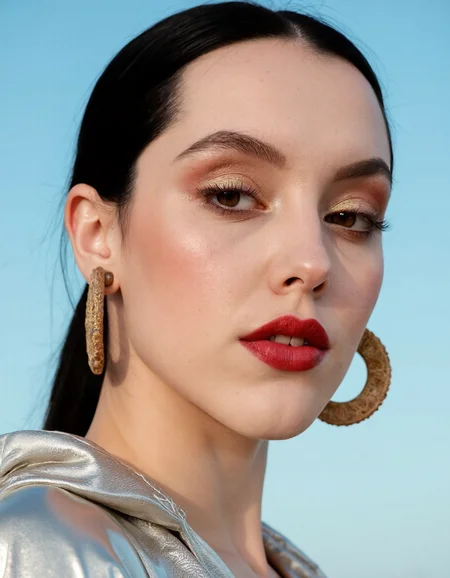 A hyper-detailed, avant-garde photograph featuring a striking woman with pale light skin against a clear, light blue sky. Her full-face close-up highlights the smooth texture of her flawless complexion. Shimmering metallic eyeshadow enhances the depth of her piercing gaze, while her glossy, deep red lips create a bold contrast to her skin. Large, intricately detailed golden hoop earrings reflect light, contributing to her modern allure. She wears metallic urban Buddhist monk clothing, with a turtle neck that enhances her avant-garde look. The reflective surfaces of her earrings and outfit create a dynamic interplay with the environment, emphasizing her sleek presence. The minimalist background allows the viewer to focus on her eye-catching fashion and makeup. Captured with a Sony A7R IV camera and a 50mm f/1.2 G Master lens for a beauty editorial shoot, this composition highlights her fashion-forward aesthetic. Inspired by avant-garde fashion photography from Sølve Sundsbø, this image blends contemporary fashion and minimalist elegance, embodying mythp0rt and niji_flux styles for a sleek, high-fashion vision. ((glow_skin, iridescent skin, oily skin, portrait)).