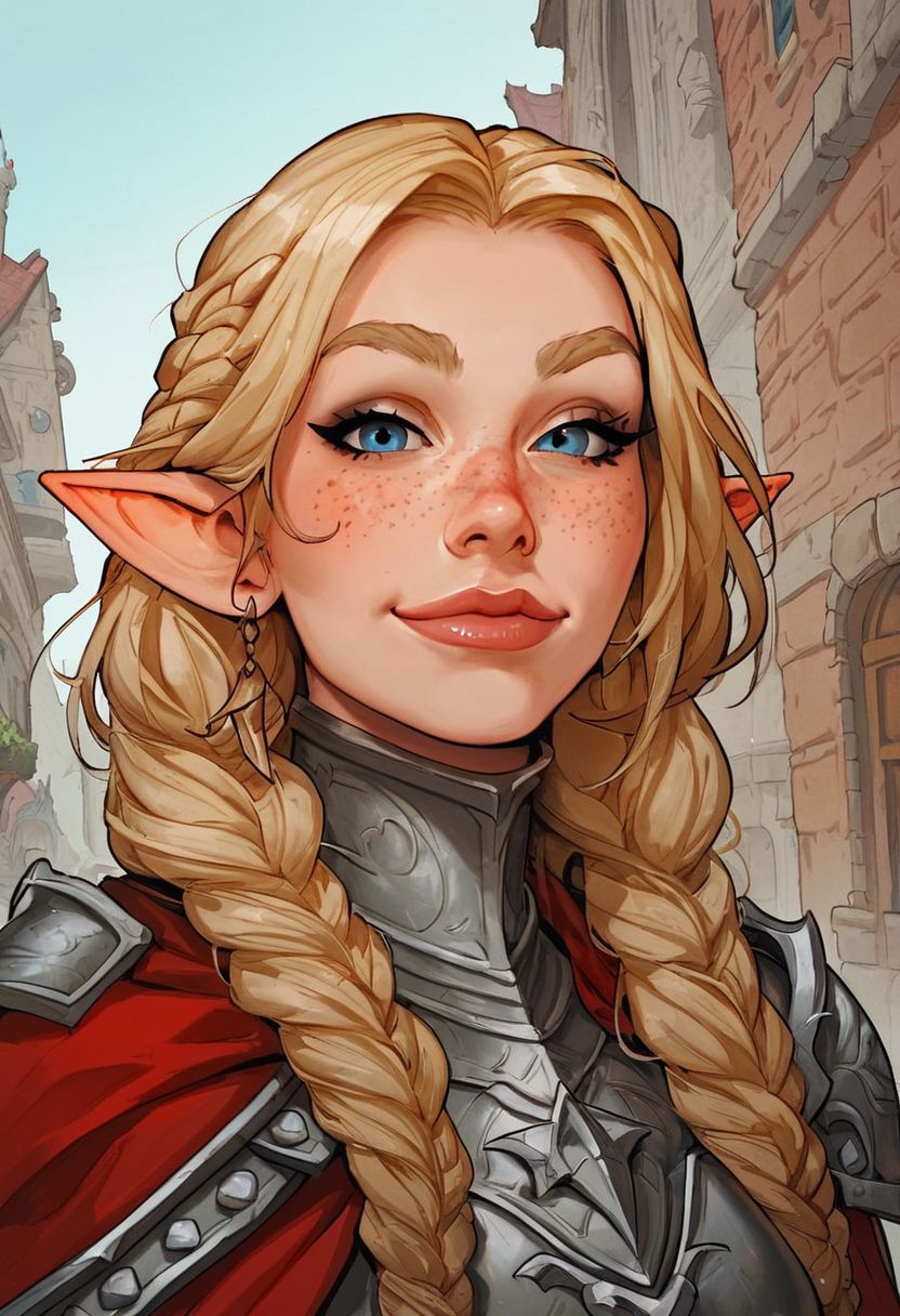 score_9, score_8_up, score_7_up, 1girl, female, dwarf, thicc, buff, beefy, stout, freckles, light blonde hair, large braids, full armor, paladin armor, halfbody Portrait, royal cape, wielding a large tower shield, focus from Front, close up, naughty smile, cheek dimples, looking at viewer, shoulder, arched back, cobblestone street, small bridge, outside a kingdom, fantasy, dnd