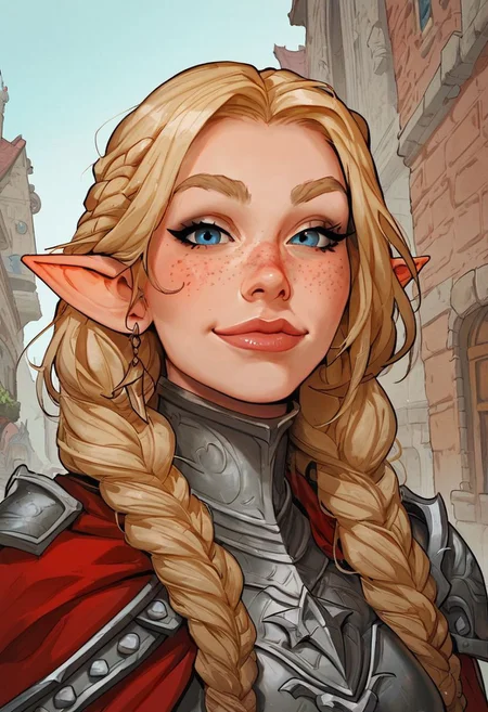 score_9, score_8_up, score_7_up, 1girl, female, dwarf, thicc, buff, beefy, stout, freckles, light blonde hair, large braids, full armor, paladin armor, halfbody Portrait, royal cape, wielding a large tower shield, focus from Front, close up, naughty smile, cheek dimples, looking at viewer, shoulder, arched back, cobblestone street, small bridge, outside a kingdom, fantasy, dnd