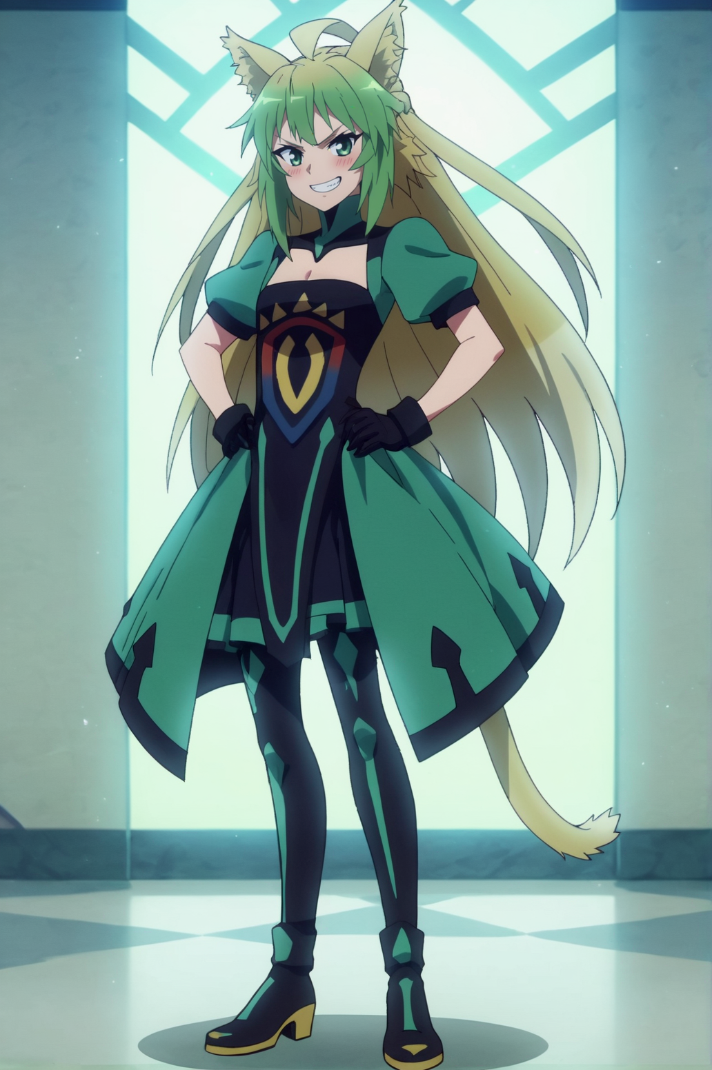 score_9, score_8_up, score_7_up,anime_source, source_anime, best background, detailed background, anime screencap,  Atalanta, Main Outfit, full body, hands on hips, indoors, grin, blush, <lora:JN_Atalanta:0.8>