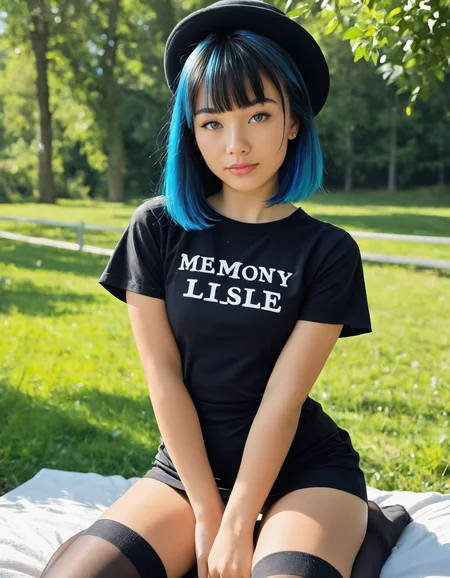 Stable_Yogis_PDXL_Positives2 1girl, solo, looking at viewer, short hair, shirt, skirt, dress, thighhighs, hat, closed mouth, sitting, blue hair, multicolored hair, short sleeves, artist name, medium hair, black thighhighs, blunt bangs, blurry, black shirt, grey eyes, lips, head tilt, black headwear, kneeling, seiza, between legs, v arms, hand between legs, realistic, chromatic aberration, asian