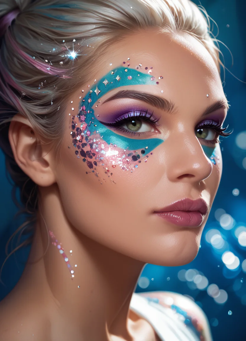 score_9, score_8_up, score_7_up, score_6_up, score_5_up,
woman, face, make-up, portrait, Glitterstyle, eyeshadow, facepaint,
abstract backgound, dynamic pose, masterpiece, best quality, sharp_details, game_cg
 <lora:GlitterStyle_pony:0.8>