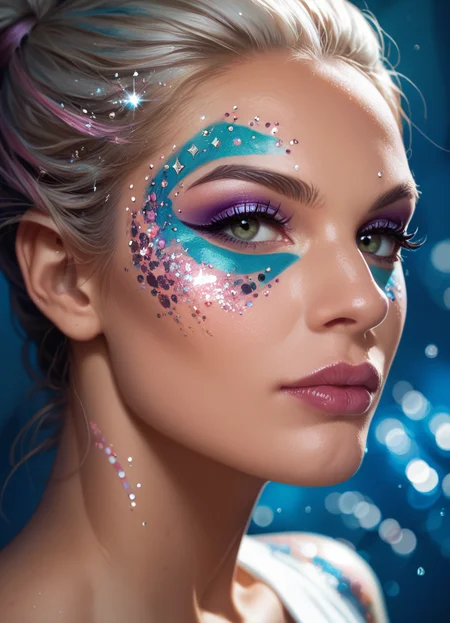 score_9, score_8_up, score_7_up, score_6_up, score_5_up,
woman, face, make-up, portrait, Glitterstyle, eyeshadow, facepaint,
abstract backgound, dynamic pose, masterpiece, best quality, sharp_details, game_cg
<lora:GlitterStyle_pony:0.8>