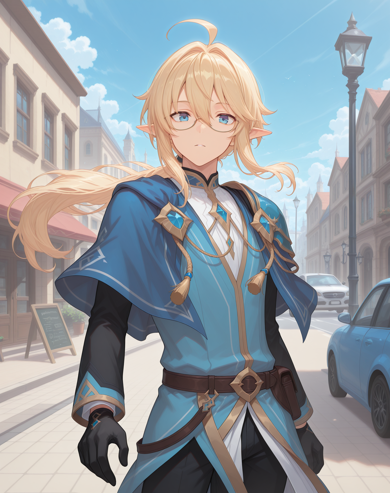 masterpiece,best quality,amazing quality, newest, very aesthetic, absurdres,
1boy, solo, yaoi, male focus, looking at viewer, cowboy shot, standing,
 <lora:Grandiel_Likability_ilxl:1> likabilitygrandiel, pointy ears, blonde hair, blue eyes, long hair, glasses, hair between eyes, ahoge, low ponytail, floating hair, elf, sidelocks,
white shirt, jeans, sneakers,
outdoors, day, blue sky, building, street, road, lamppost, car,