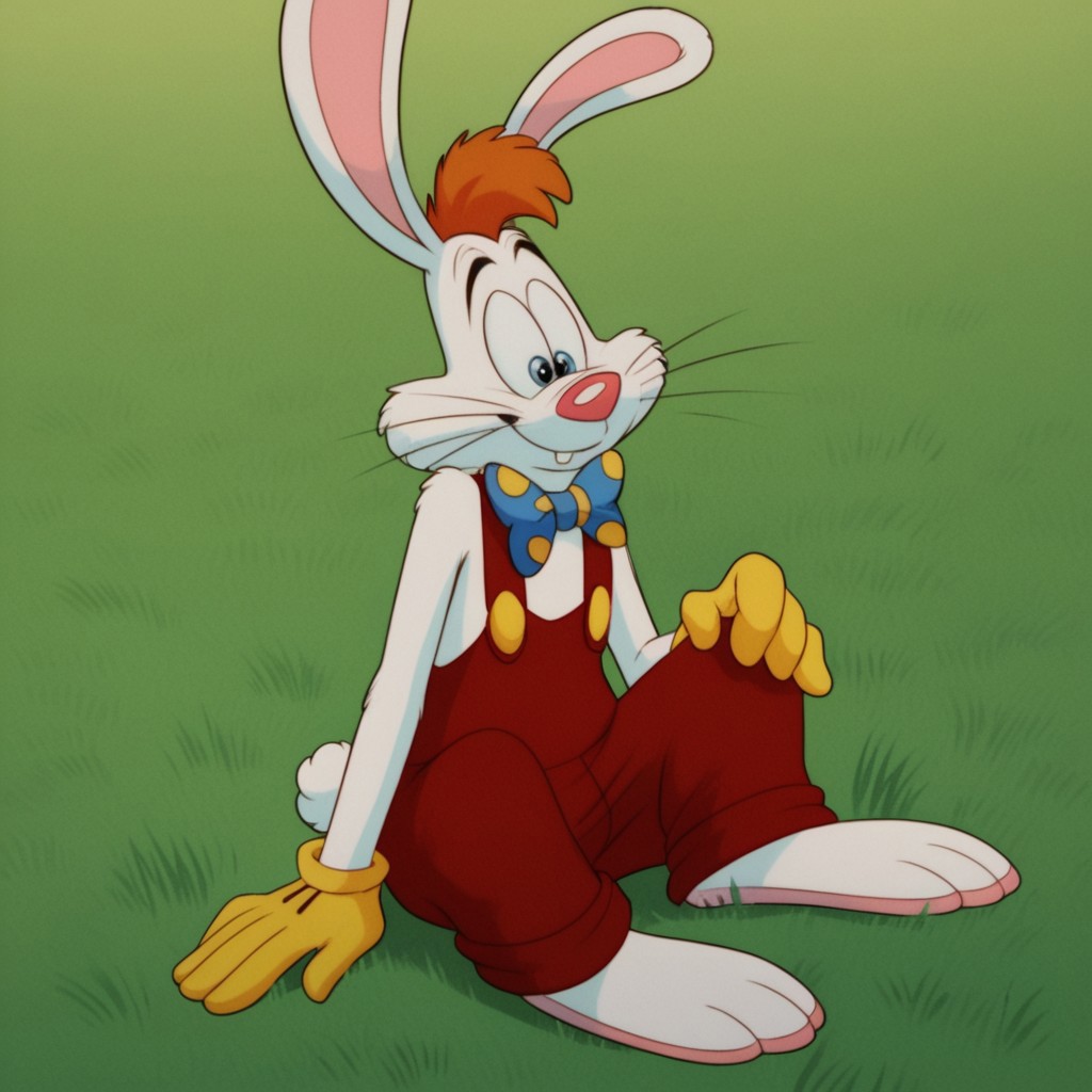score_9, score_8_up, score_7_up, score_6_up, score_5_up, score_4_up, source_furry, Rogerrbbt, anthro, male, rabbit, rabbit ears, white fur, orange hair, red overalls, buck teeth, bowtie, yellow gloves, sitting, on grass,