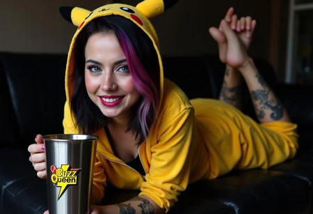 A high-definition photo of a beautiful 20yo goth girl, wearing Pikachu onesie, holding coffee mug. She is laying on a black leather couch, in a seductive relaxed pose, barefoot, smiling. The girl has black hair with pink and purple highlights, framing her beautiful face. Her stunning blue eyes are accentuated by her black eyeshadow. Her lipstick is black and metallic purple. She has visible, vivid, intricate tattoos. The large steel mug bares a yellow lightning bolt logo with 'Buzz Queen' in large letters. 8k detail, full body