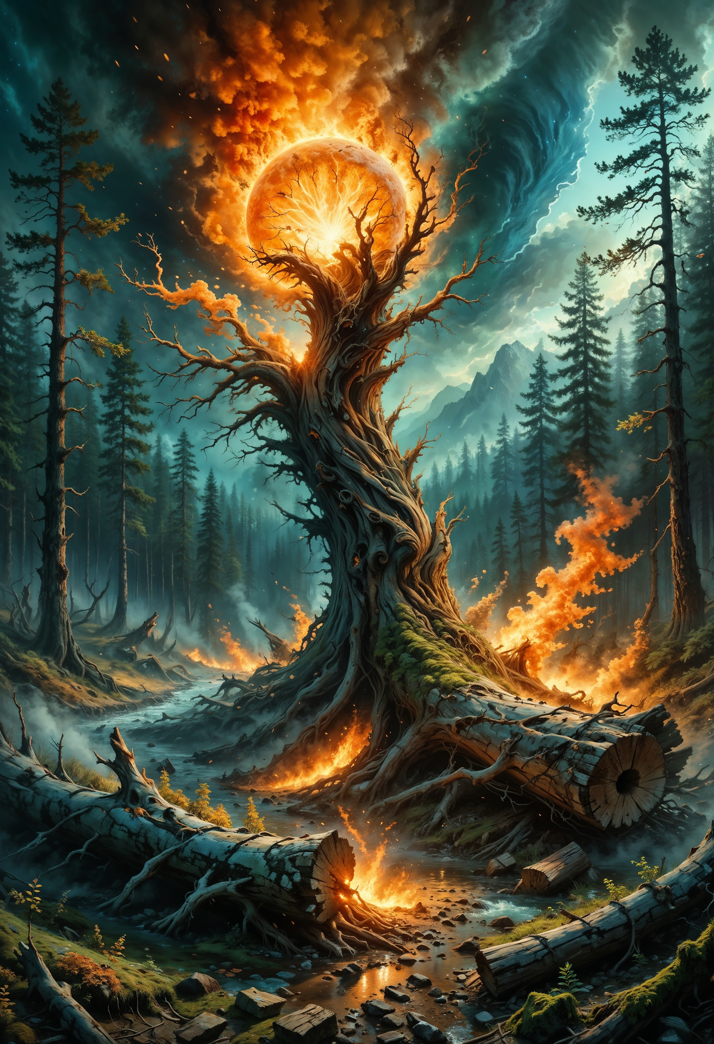 A dreamlike depiction of the Tunguska event in the post-impressionist style of Vincent van Gogh, set against a swirling, turbulent backdrop of blues and greens, evoking a sense of chaos and turmoil. In the center, a massive, glowing orange-yellow fireball illuminates the dark, Siberian forest, casting an eerie, otherworldly light on the towering trees, their gnarled branches twisted and distorted as if in agony. The air is thick with energy and debris, shards of wood and splintered trunks suspended in mid-air as if frozen in time. To the left, a fallen tree trunk lies smoldering, its bark cracked and blackened, while in the distance, a faint plume of smoke rises into the atmosphere, a haunting reminder of the destruction left in the event's wake. The brushstrokes are bold and expressive, with thick layers of impasto paint creating a textured, almost three-dimensional effect.
<lora:add-detail-xl:0.35> <lora:MJ52:0.18> <lora:ral-anmwrlds-sdxl:0.3> ral-anmwrlds <lora:ral-porcelain:0.4> ral-porcelain <lora:ral-cltc:0.1> ral-cltc <lora:ral-dissolve:0.25> ral-dissolve <lora:zavy-mthcl-sdxl:0.2> <lora:SDXLFaeTastic2400:0.2>  <lora:WildcardX-XL-Detail-Enhancer:0.5>