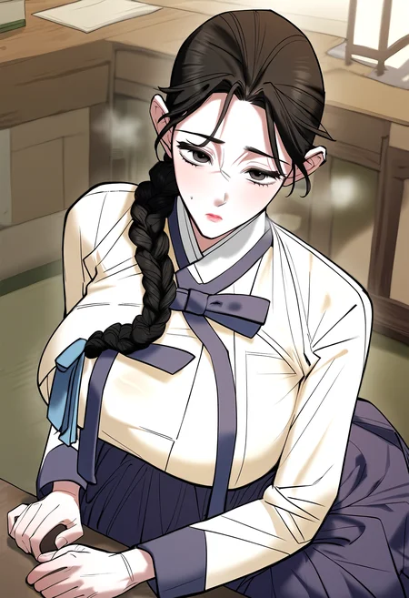 score_9, score_8_up, score_7_up, score_6_up, source_anime, rating_explicit, <lora:neg4all_bdsqlsz_V3.5:2.0>1girl, solo, huge breasts, <lora:Lee Eunhaponyxl:1> black hair, braided ponytail, long hair, black eyes, brown hair, brown eyes, hair ribbon, blue ribbon, white shirt, purple skirt, hanbok, korean clothes, long sleeves, expressionless, Narrow shoulders, heavy breathing, steaming body, dining room, indoors