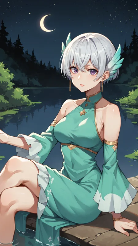 score_9,score_8_up,score_7_up,score_6_up, source_anime, zPDXL, <lora:xl_more_art-full_v1:0.5>, woman, dynamic pose, crossed legs, <lora:Lily Front Gritonia - Pony-000004:0.8>, short hair, white hair, purple eyes, head wings, teal dress, halterneck, detached sleeves, outdoors, forest, lake, water reflections, moonlight, night, in water, stars,