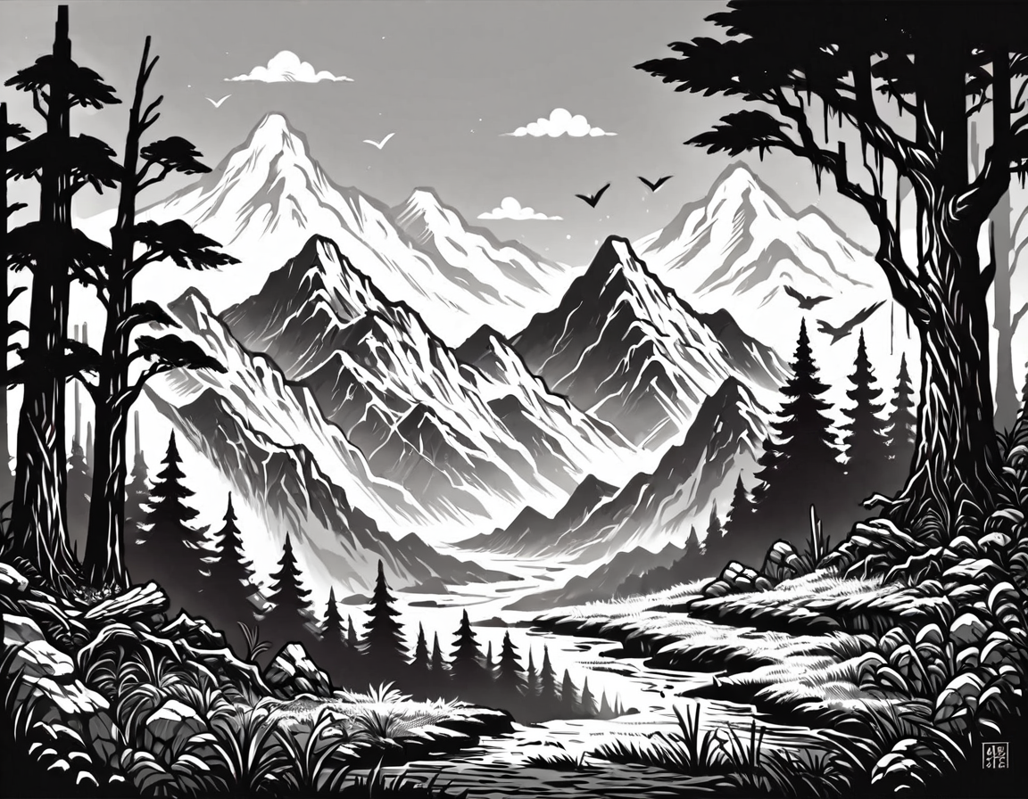score_9, score_8_up, score_7_up, <lora:Clean Sketch (J) style:1> monochrome, forest with mountains and rivers