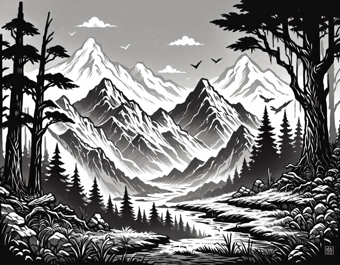 score_9, score_8_up, score_7_up, <lora:Clean Sketch (J) style:1> monochrome, forest with mountains and rivers