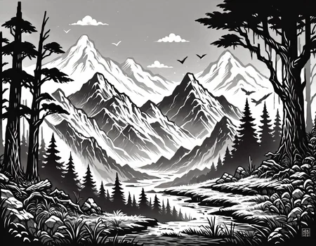 score_9, score_8_up, score_7_up, <lora:Clean Sketch (J) style:1> monochrome, forest with mountains and rivers