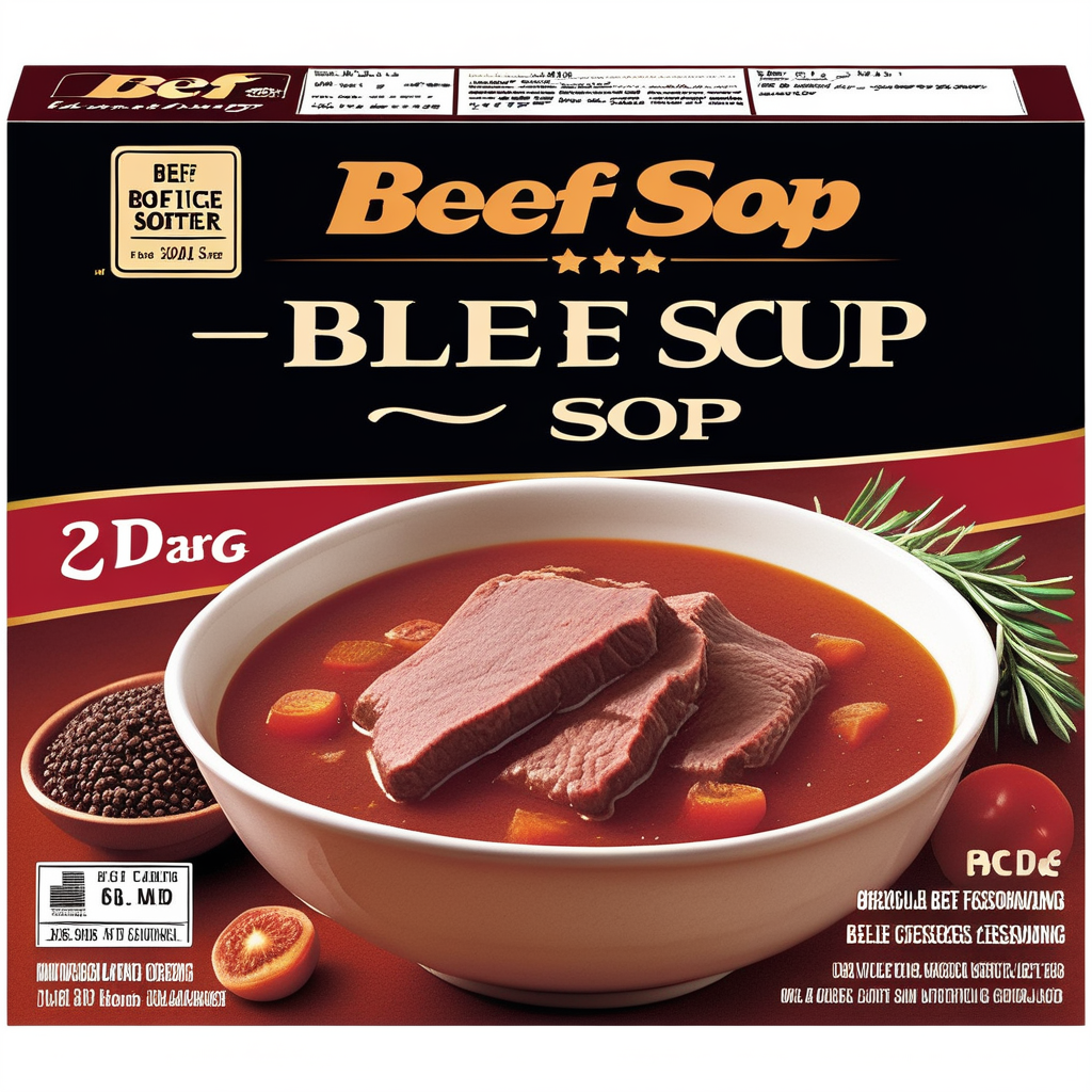 A packaging box designed for a beef slice soup seasoning pack. The box should be visually appealing and practical for storing seasoning packets. The primary colors could be warm tones like red and brown to signify the richness of the beef flavor. ,<lora:beef_noodle:0.55>,The product name should be prominently displayed in English on the front of the box, perhaps with a stylish font that evokes a sense of quality and tradition. Imagery on the box could include illustrations or photos of the beef slices, herbs, and spices that are part of the seasoning. Additional text could include cooking instructions, ingredients, and nutritional information , <lora:tlbv1:0.5>