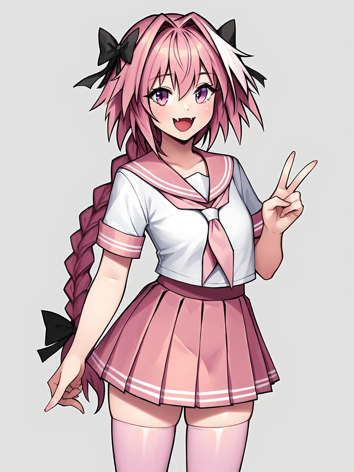 score_9, score_8_up, score_7_up, score_6_up, score_5_up, score_4_up, rating_safe
BREAK
astolfo \(fate\), otoko no ko, pink hair, braid,
BREAK
solo, standing, pink serafuku, white shirt, pink thighhighs, pink skirt, peace sign,
BREAK
white background, <lora:Lunas-Naidong-SDXL-B2:1>