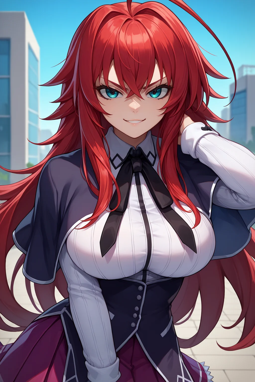 score_9, score_8_up, score_7_up, score_6_up, source_anime, 1girl, solo, <lora:rias-pdxl-nvwls-v1:1> dxdRG, red hair, ahoge, long hair, black capelet, neck ribbon, white shirt, long sleeves, school uniform, purple skirt, big breasts, looking at you, smirk, blue sky, city, upper body, standing