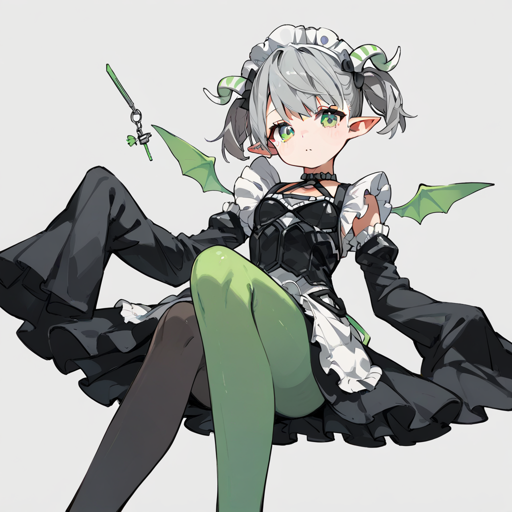 score_9, score_8_up, score_7_up, score_6_up, score_5_up, score_4_up, simple background, 
1girl, solo, arianna, grey hair, short twintails, green eyes, horns, mini wings, pantyhose, sleeves past wrists, maid headdress, pointy ears, 
 <lora:arianna_pony_v1:0.7>