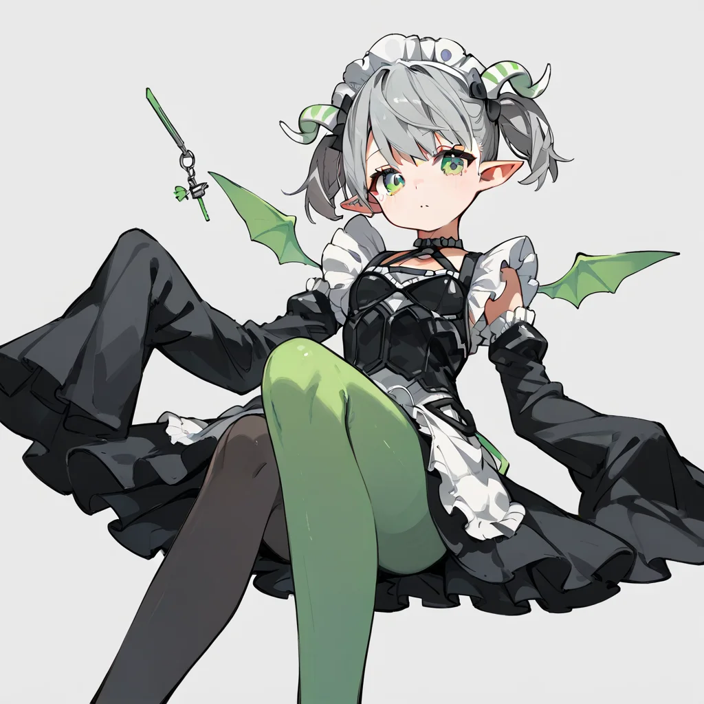 score_9, score_8_up, score_7_up, score_6_up, score_5_up, score_4_up, simple background,
1girl, solo, arianna, grey hair, short twintails, green eyes, horns, mini wings, pantyhose, sleeves past wrists, maid headdress, pointy ears,
<lora:arianna_pony_v1:0.7>