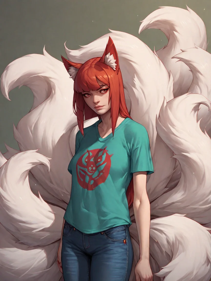 score_9, score_8_up, score_7_up, score_6_up, score_5_up,  <lora:g4n4sXLP:0.7> g4n4s, 1girl, kitsune, t-shirt, jeans,