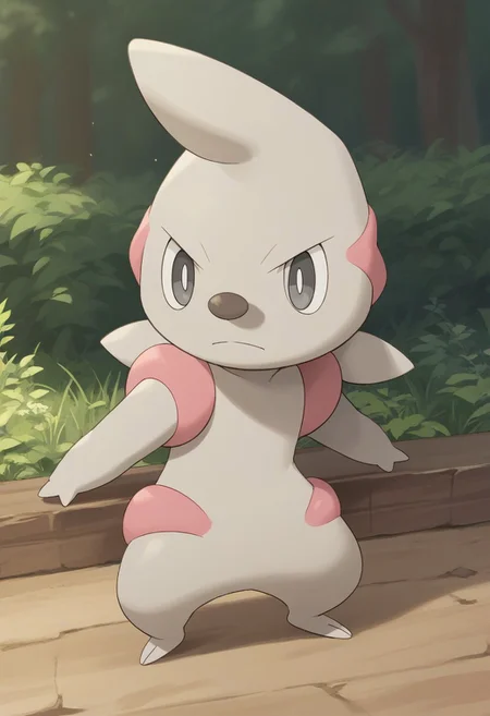 (source_anime, score_9, score_8_up, score_7_up:1), timburr, looking to the side, outdoors, no humans, pokemon \(creature\)