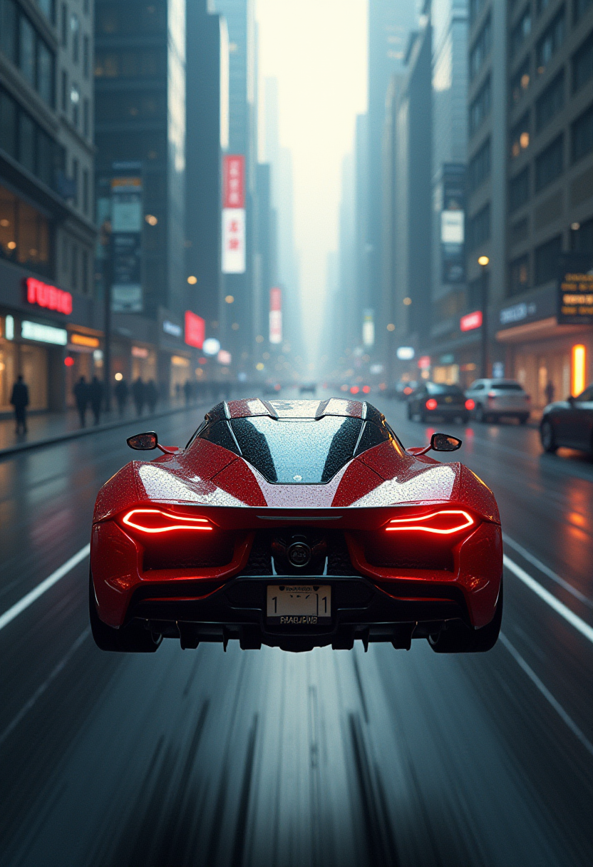 a flying sports car, in a futuristic city, seen from behind in height, dramatic light