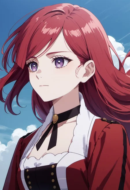 score_9, score_8_up, score_7_up, source_anime,pride royal ivy, red hair, long hair, purple eyes, 1girl, solo, anime coloring, sky, choker, red jacket, cloud, upper body, floating hair