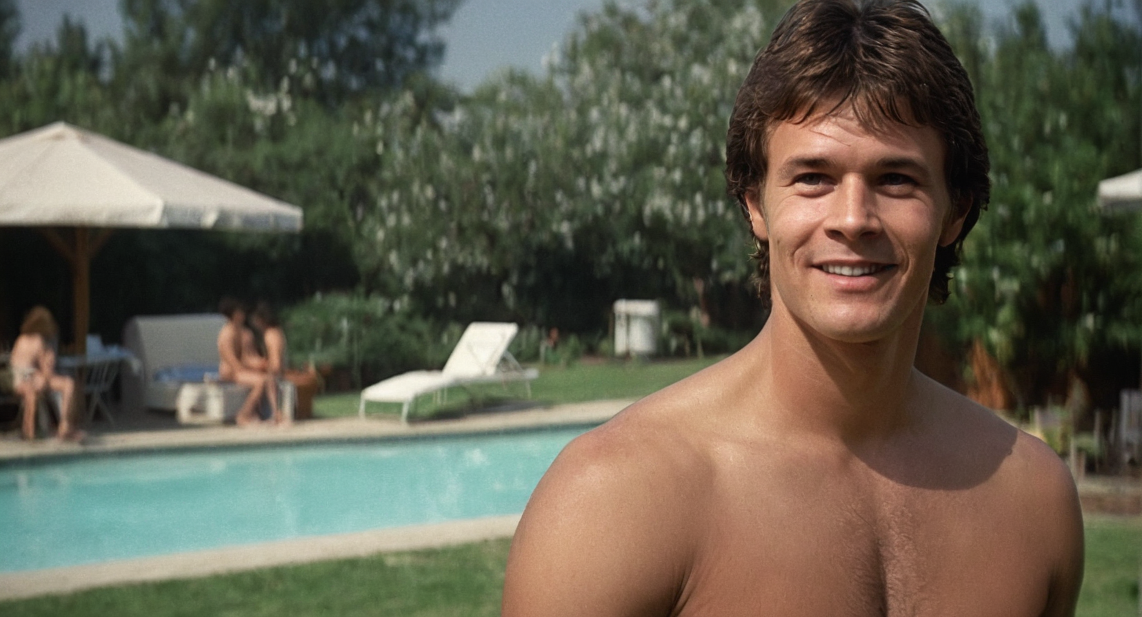 cinematic film still of  <lora:Boogie Nights:1>
In the 1970's Dirk Diggler a man with a shirtless nude body on smiling at the camera outdoors in garden with pool in backgroun,1girl,smile,short hair,brown hair,black hair,1boy,male focus,nude,teeth,solo focus,grin,blurry,depth of field,blurry background,parody,portrait,meme,realistic , dramatic light, dramatic shadow light, contrast, cinematic color, cinematic look, filmic, realistic, realism, perfection, perfect, Kodak, Kodak film, movie still, Boogie Nights style, Boogie Nights Film style, shallow depth of field, vignette, highly detailed, high budget, bokeh, cinemascope, moody, epic, gorgeous, film grain, grainy