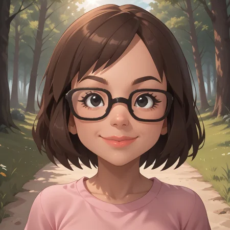 score_9, score_8, BREAK, solo, wii, mii, wii sports, 1girl, female mii, brown hair, black eyes, brown eyebrows, glasses, lips, pink clothing, white pants, sandals, breasts, nintendo mii, modern_mii, classic_mii, Cattebeke_(OC_Mii), cute, dark skin, sexy pose, self portrait, smile, outdoors, sunlight, shadows, evening lighting, natural lighting, forest, trees, grass, orange sky, sunset