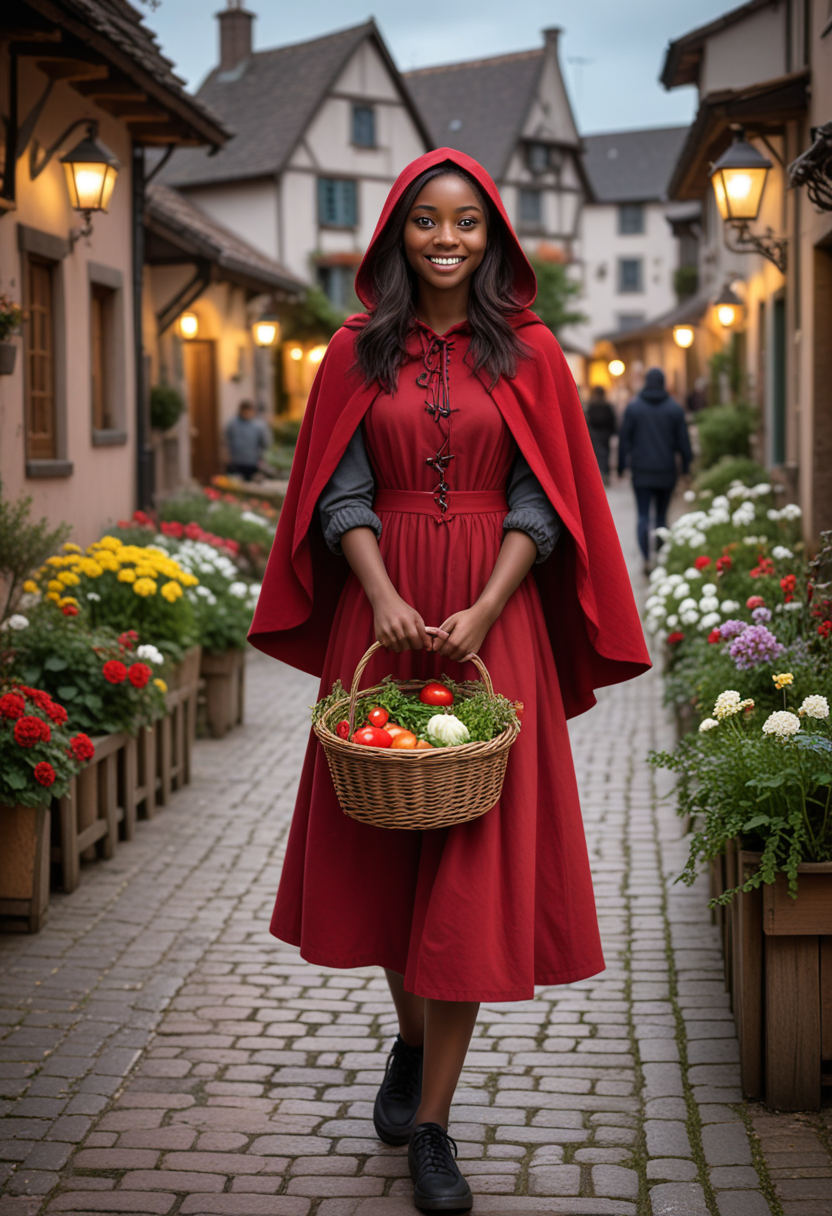 (medium full shot) of (kind-hearted red riding hood) young woman, black american, dark skin, black eyes, lithe build, long brown  hair, wearing a dark red hooded cape, simple dress with apron , comfortable walking shoes, black eyeshadow, carrying a small basket, set in  a charming village square, with a central fountain, flowering plants, wooden benches, cheerful children, and lively chatter, at night, woman smiling, Masterpiece,best quality, photo, realistic, very aesthetic, detailed face,