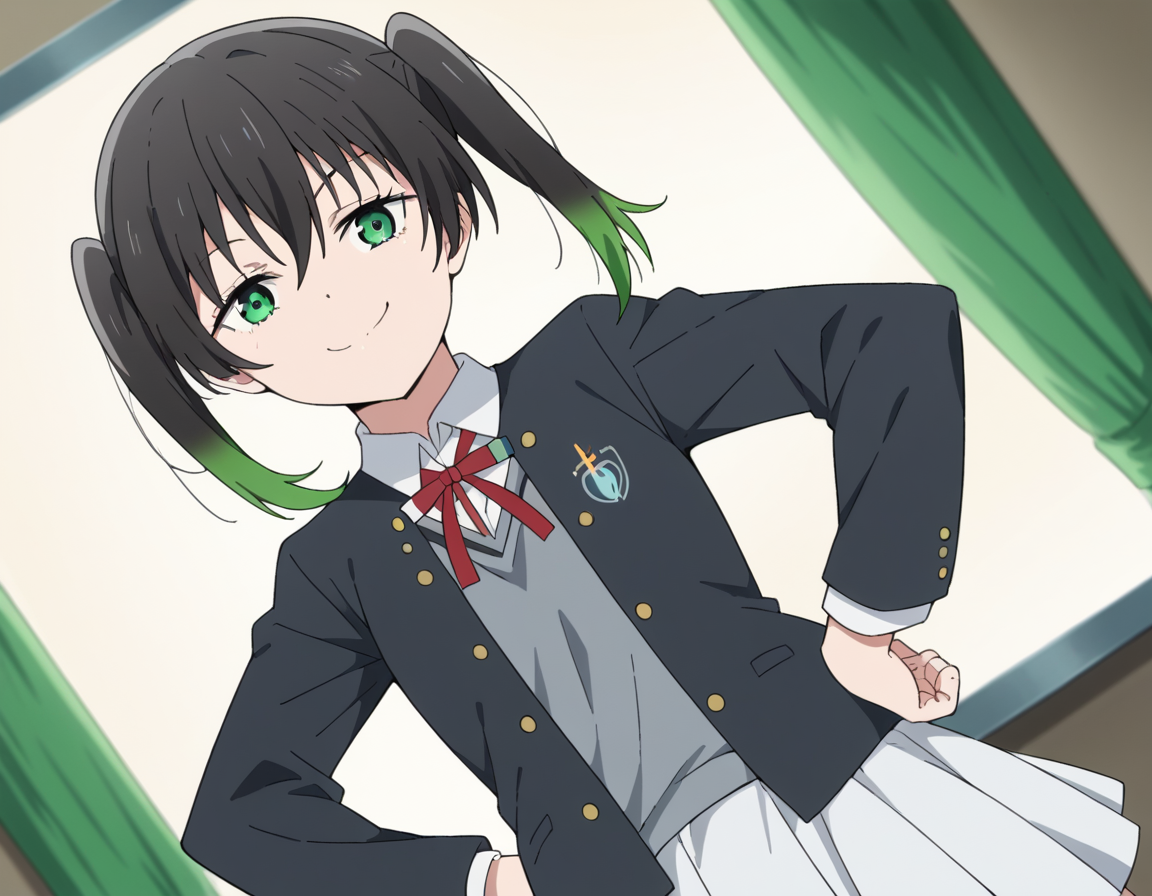 score_9, score_8_up, score_7_up, source_anime, <lora:yuu-takasaki-s2-ponyxl-lora-nochekaiser:1>, yuu takasaki, bangs, black hair, hair between eyes, twintails, green eyes, multicolored hair, green hair, medium hair, two-tone hair, gradient hair,, skirt, long sleeves, school uniform, jacket, red ribbon, black jacket, blazer, nijigasaki academy school uniform, white skirt,, indoors, smug, smile, looking at viewer, solo, hands on hips,, cowboy shot, dutch angle