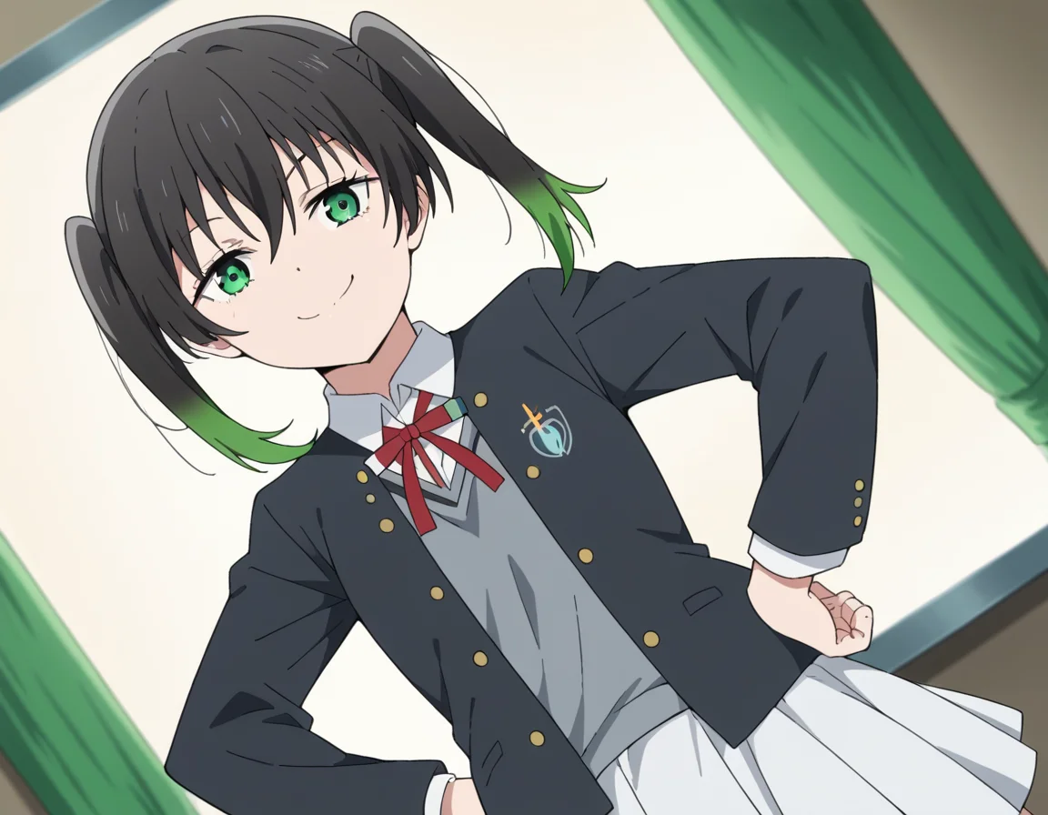 score_9, score_8_up, score_7_up, source_anime, <lora:yuu-takasaki-s2-ponyxl-lora-nochekaiser:1>, yuu takasaki, bangs, black hair, hair between eyes, twintails, green eyes, multicolored hair, green hair, medium hair, two-tone hair, gradient hair,, skirt, long sleeves, school uniform, jacket, red ribbon, black jacket, blazer, nijigasaki academy school uniform, white skirt,, indoors, smug, smile, looking at viewer, solo, hands on hips,, cowboy shot, dutch angle