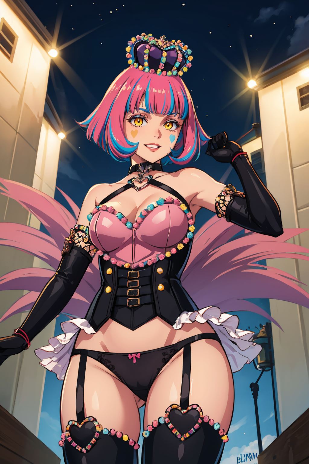 masterpiece, best quality,  <lora:zs_ShadowAlice:1> alicep5s, multicolored hair, pink hair, blue hair, short hair, blunt bangs, eyeballs, crown, heart, bustier, panties, cleavage, elbow gloves, thigh highs, garter straps, choker, pink feathers, ribbons, high heels, facial mark, evil grin, looking at viewer, city, night, yellow eyes, cowboy shot, from below