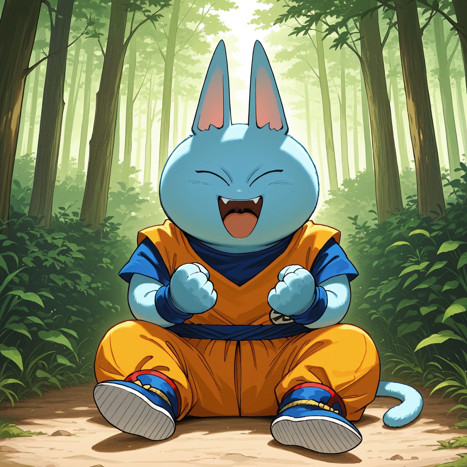2d, Nekomajinz, cat, no nose, blue fur, eyes closed, tail, dougi, orange tank top, blue undershirt, blue short sleeves, blue sash belt, orange pants, blue wristbands, blue and red shoes  Open mouth smile, fangs, happy, sitting, facing towards viewer, outside, forest, best quality, amazing quality, very aesthetic, absurdres, newest