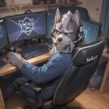 sollyz, by sollyz, c0mp, sitting, indoors, chair, computer, monitor, headphones, desk, from behind, keyboard (computer), score_9, score_8_up, score_7_up, bedroom, look at viewer, smile, Wolf o'donnell, closed mouth, beard, facial hair, mustache, big beard
