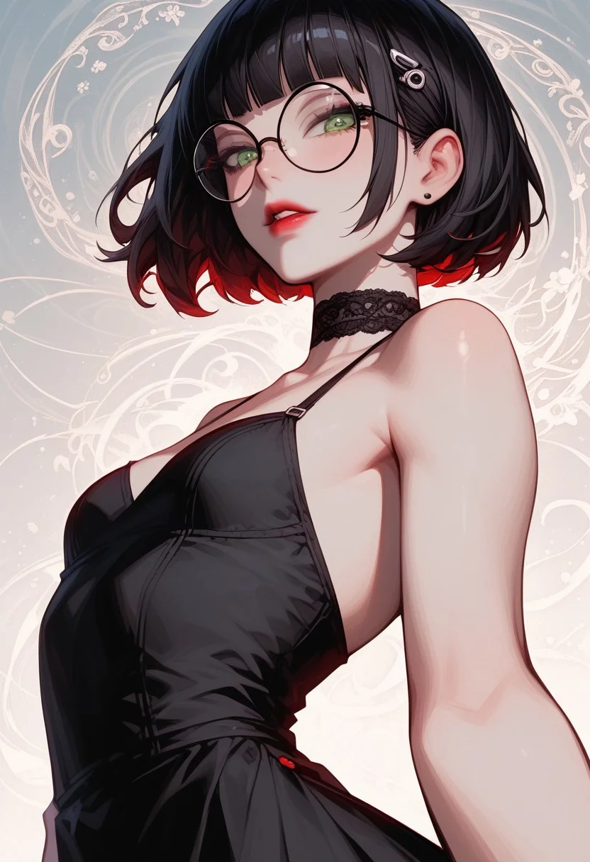 score_9, score_8_up, score_7_up, score_6_up, rating_questionable, 1girl, Polly, PollyRH, short hair, bobcut, black hair, bangs, green eyes, small breasts, almost flat chest, slim, pale skin, big round eyeglasses, clear eyeglasses lenses, nice round ass, red lipgloss, HD32k, dynamic pose, aesthetic, perspective, solo, detailed, sensual look, pinup pose, abstract background, detailed background, black-red tint, sensual look, pinup pose, upper body, wearing black sundress, goth attire, parted lips