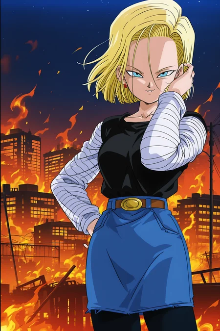 anime screencap, absurdres, high quality, official style,
android 18, short hair, blue eyes, blonde hair, evil smile, evil grin,
android saga, classic outfit, black shirt, long sleeves, pantyhose, earrings,belt, black legwear, denim ,denim skirt, striped sleeves, white sleeves
cowboy shot, night sky, burning city, burning building, red hue, flames, neon,
standing, hand in hair, smug, seductive smile,
<lora:Android_18_-_Dragon_Ball:0.8>