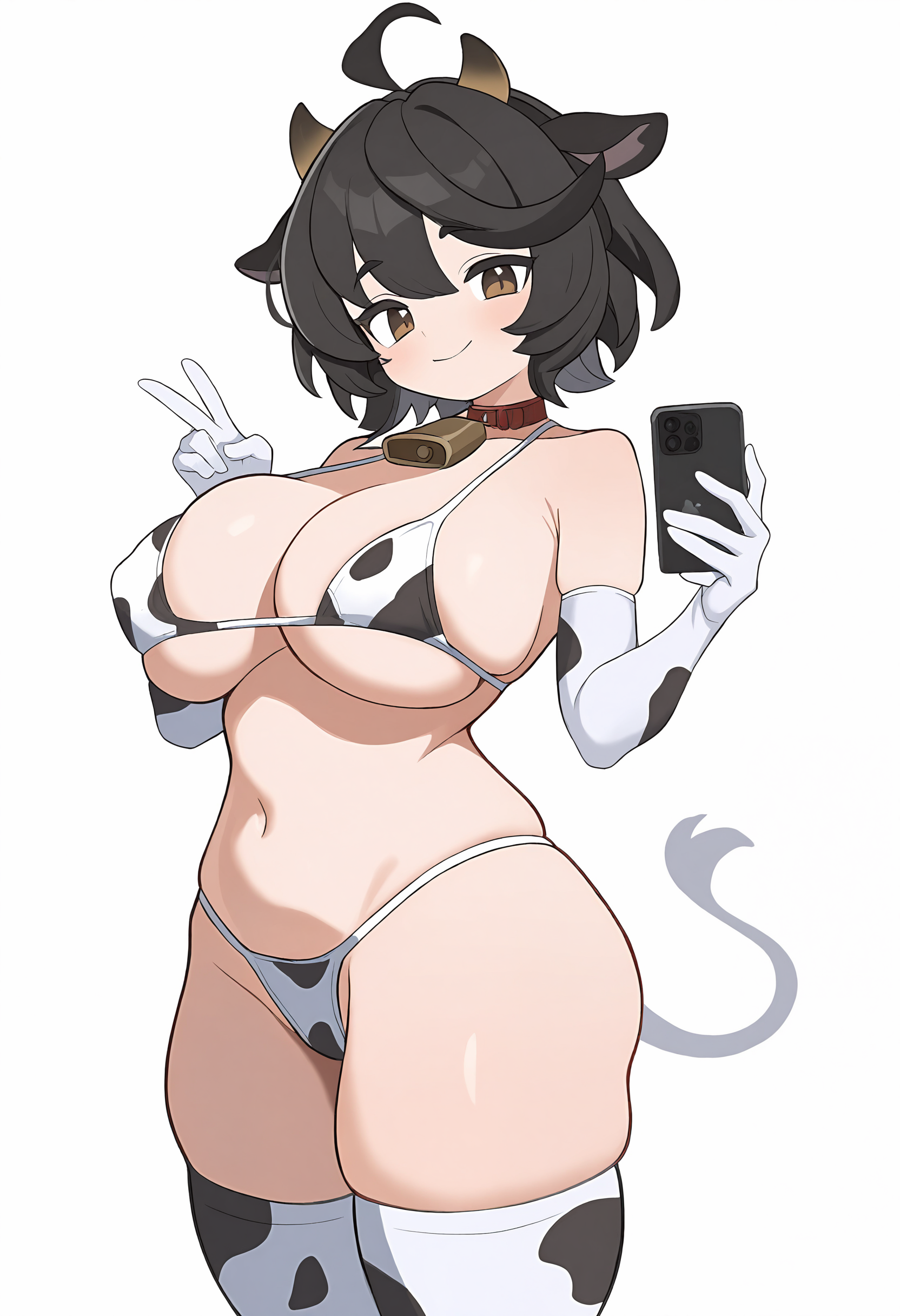 ,,<lora:TestTestTest!\kejuku\Kejuku_Style_NBV1.safetensors:0.95:0.95>,animal print, horns, cow print, phone, bell, breasts, print bikini, cow print bikini, bikini, cellphone, cow ears, swimsuit, cow horns, 1girl, animal ears, gloves, thighhighs, cow tail, tail, simple background, holding phone, large breasts, navel, ahoge, solo, brown eyes, smile, black hair, cowbell, holding, white background, cow girl, smartphone, neck bell, skindentation, covered nipples, white gloves,masterpiece,best quality,newest,absurdres,highres,very awa,detail background <lora:None:0.9500000000000002>