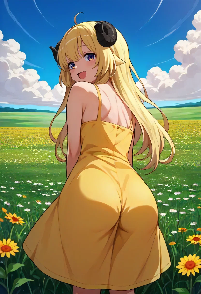 score_9, score_6_up, source_anime, 1girl, solo, flower field, clouds, sunny, from behind, ass, yellow sundress, looking back, TsunomakiWatame, horns, long hair, ahoge, happy, [half-closed eyes], tall,<lora:ChamTsunomakiWatamePonyXLV2:1>