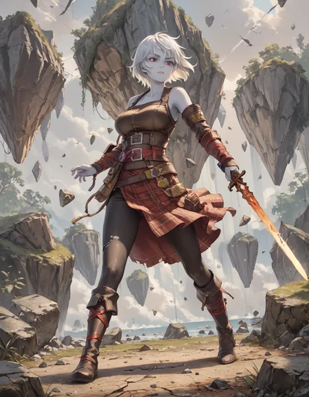 score_9, score_8_up, score_7_up, masterpiece, bosshi,
1girl, standing, large breasts,
nahiri, short hair, white hair, colored skin, nahiri, belt, boots, detached sleeves, plaid skirt, red skirt, armor, miniskirt, leather leggings,
holding sword, older woman,
rocks, flying rocks, cracks,
<lora:NAHIRI:0.8> <lora:Futabu_bosshi_illustration_style:0.8>
