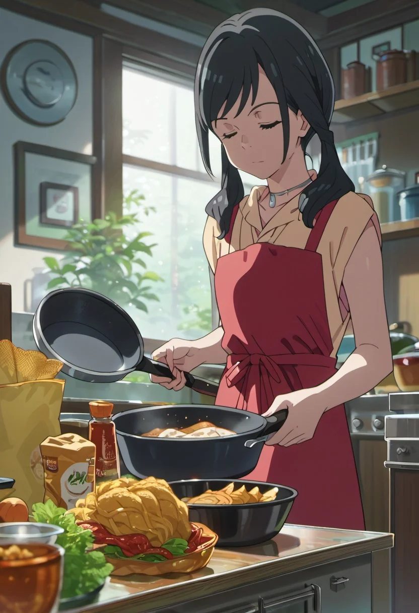score_9, score_8_up, score_7_up, source_anime,amano hina, black hair, long hair, low twintails, 1girl, closed eyes, solo, red apron, apron, indoors, food, twintails, cooking, jewelry, necklace, frying pan