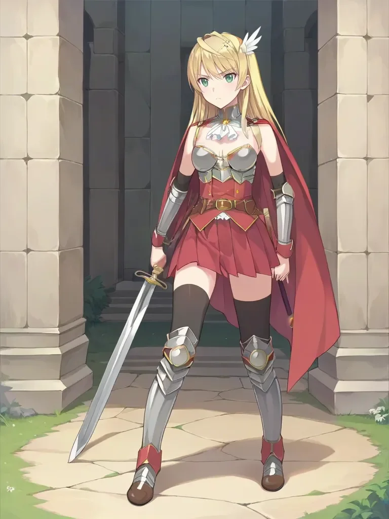 score_9, score_8_up, score_7_up, <lora:lunaslaveswordpony:1>,
1girl, solo, lunassword, long hair, blonde hair, green eyes, hair ornament, red cape, red skirt, armor, arm guards, belt, bare shoulders, cleavage, black thighhighs, boots, standing, outdoors, castle grounds, holding, sword, weapon, standing, serious, dynamic pose, full body