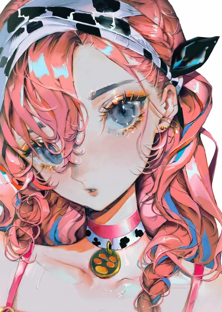 by yogisya,
blue poison \(arknights\), blue poison \(shoal beat\) \(arknights\), 1girl, solo, blue eyes, pink hair, choker, portrait, white background, pink choker, hairband, earrings, jewelry, looking at viewer, simple background, long hair, official alternate costume, hair over one eye, braid, bangs, o-ring choker
best quality, masterpiece,