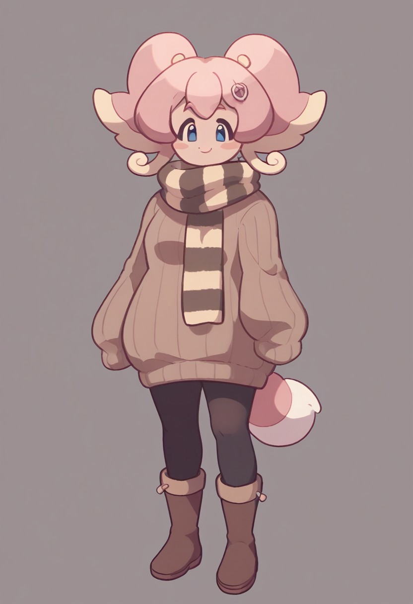score_9, score_8_up, score_7_up, score_6_up, score_5_up, score_4_up, standing, looking at viewer, dynamic pose, simple background, 1girl, N3kolac3y, pink hair, two-tone hair, blue eyes, twintails,  striped scarf, ribbed sweater, black pantyhose, brown boots, sleeves past fingers, sweater dress, solo, smile, short tail
