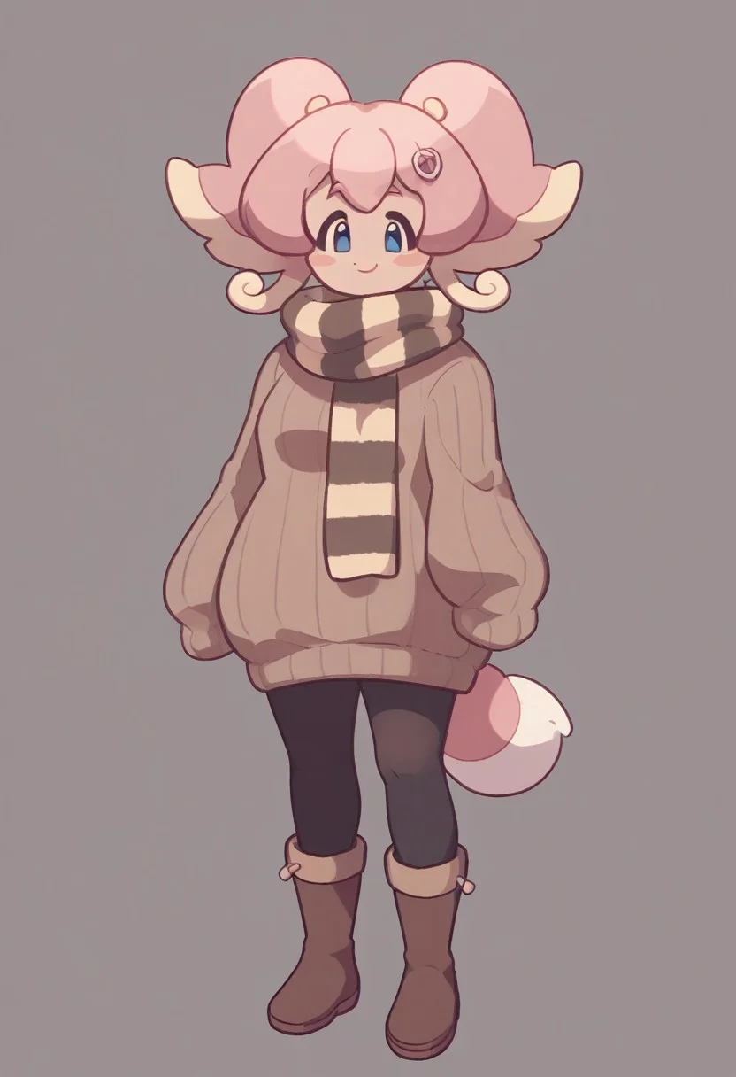 score_9, score_8_up, score_7_up, score_6_up, score_5_up, score_4_up, standing, looking at viewer, dynamic pose, simple background, 1girl, N3kolac3y, pink hair, two-tone hair, blue eyes, twintails,  striped scarf, ribbed sweater, black pantyhose, brown boots, sleeves past fingers, sweater dress, solo, smile, short tail